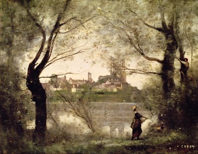 View of the Town and Cathedral of Mantes Through the Trees, Evening by Jean Baptiste Camille Corot